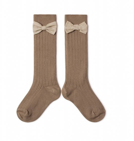 Jeanne Ribbed Knee High with Gingham Bow - Petite Taupe