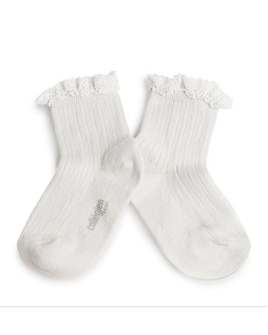 *COMING SOON* Lili Lace Trim Ribbed Ankle Sock - Blanc Neige