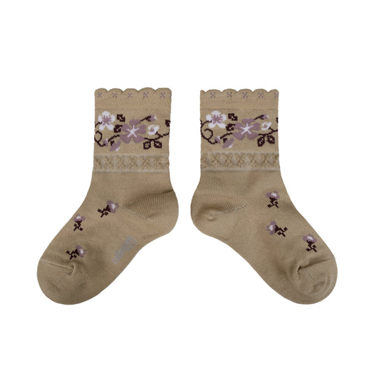 Camélia Jacquard Flower Ankle Socks - Petite Taupe