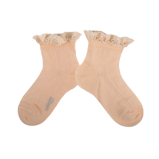 Annette Lightweight Pointelle Socks with Lace Trim - Sorbet