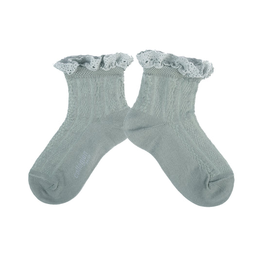 Annette Lightweight Pointelle Socks with Lace Trim - Aigue Marine